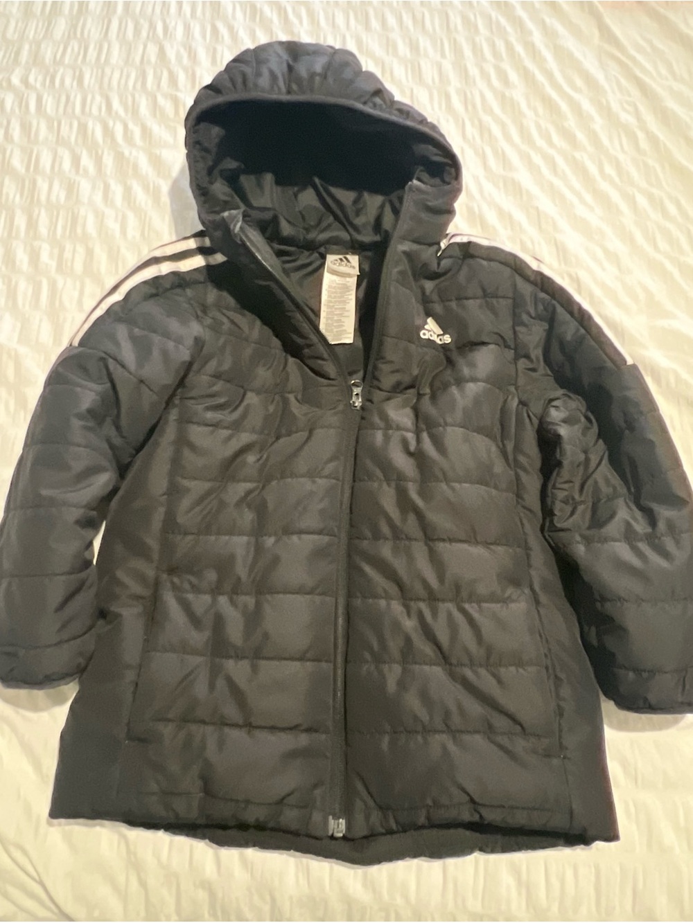 adidas Black Kids Hooded Puffer Jacket with White Stripes